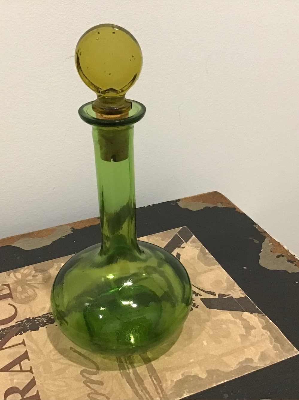Vintage colored glass small decanter bottle with stopper